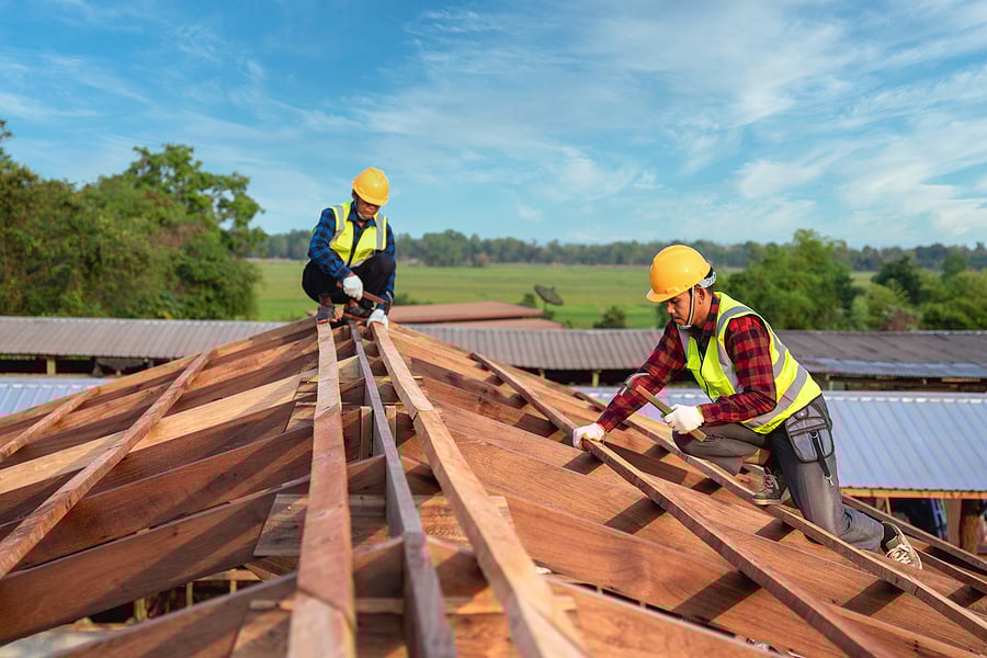 Roofer, Two Worker Roofer Builder Working On Roof Structure On C Tapered Systems (To Add Slope)