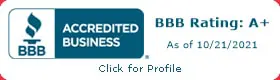 A Better Business Bureau badge showing Jack Wilson Roofing has an A-plus rating with the organization.