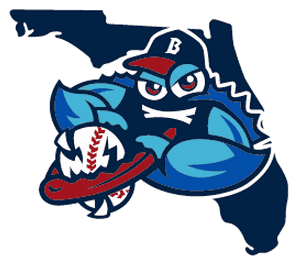 Sponsor logo: blue crab baseball mascot over the state of Florida